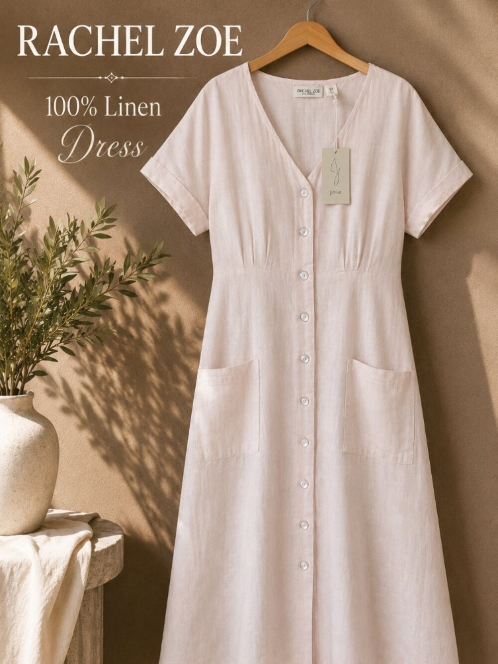 Rachel Zoe 100% Linen Button Front Midi Maxi Dress L Blush Pink Pockets NWT 50” - Picture 6 of 15